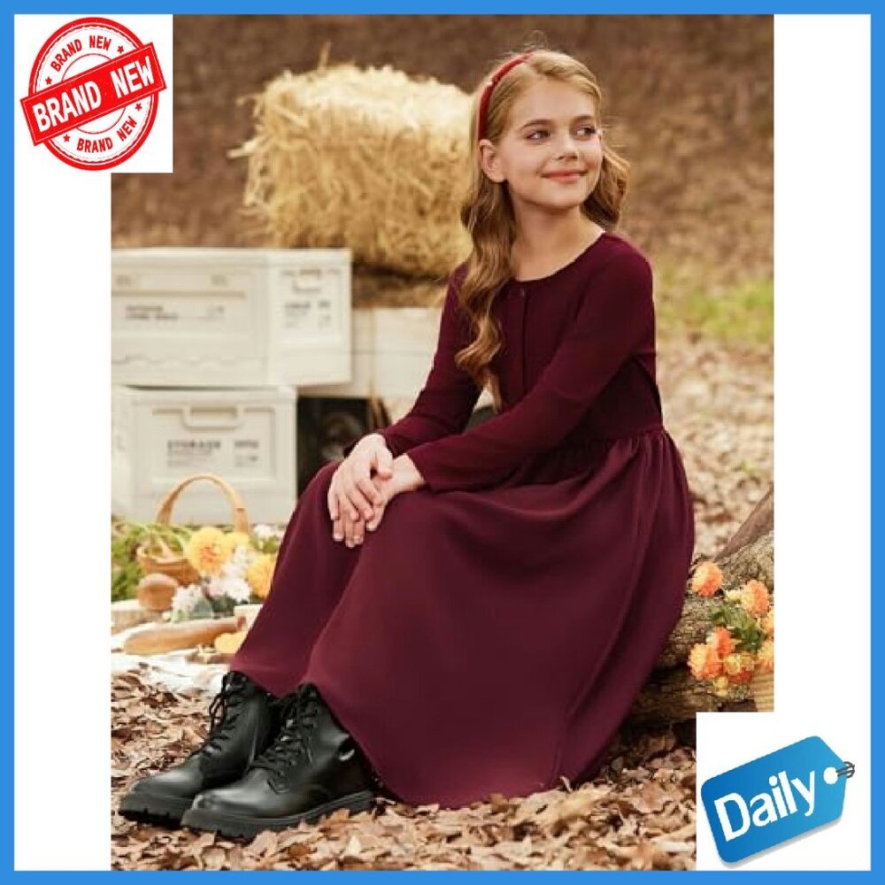 Girls Long Sleeve Maxi Dress with Pockets Formal Casual Polyester Blend - Picture 6 of 8